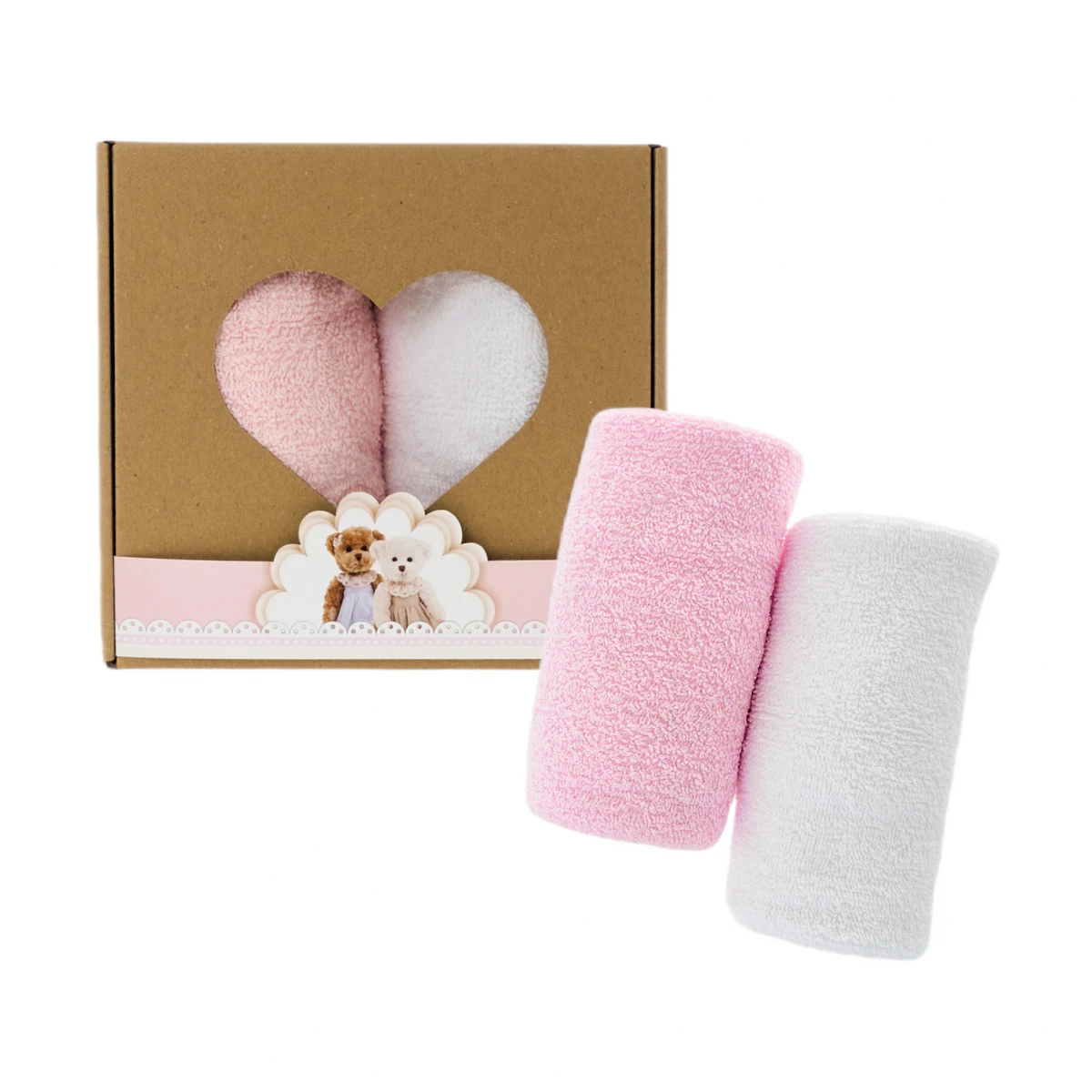 Zestaw ręcznik w pudełku 2 szt. 100x50 (okienko serce) - Biało-Różowy