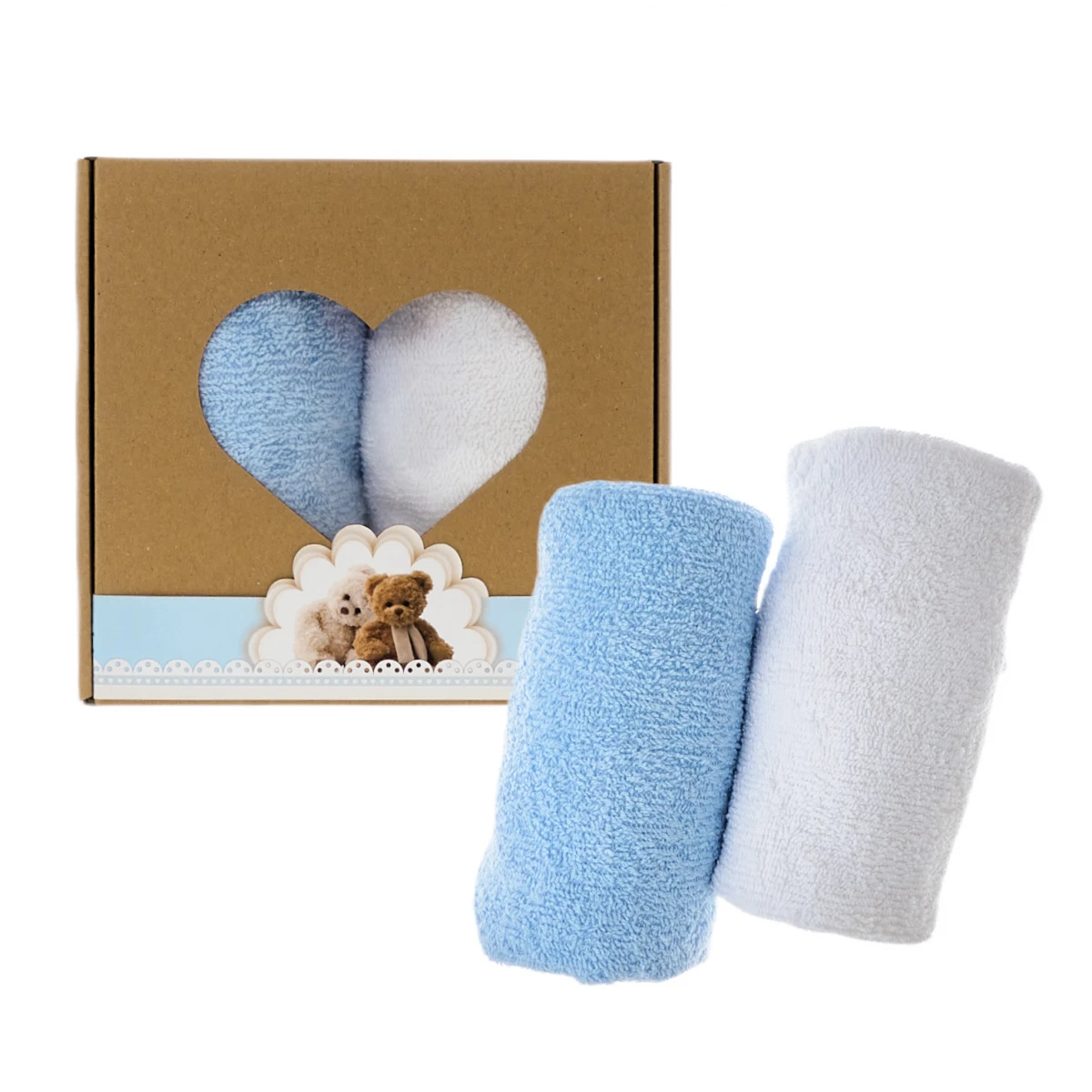 Zestaw ręcznik w pudełku 2 szt. 100x50 (okienko serce) - Biało-Błękitny