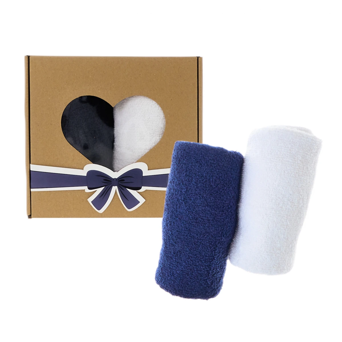 Zestaw ręcznik w pudełku 2 szt. 100x50 (okienko serce) - Biało-Granatowy
