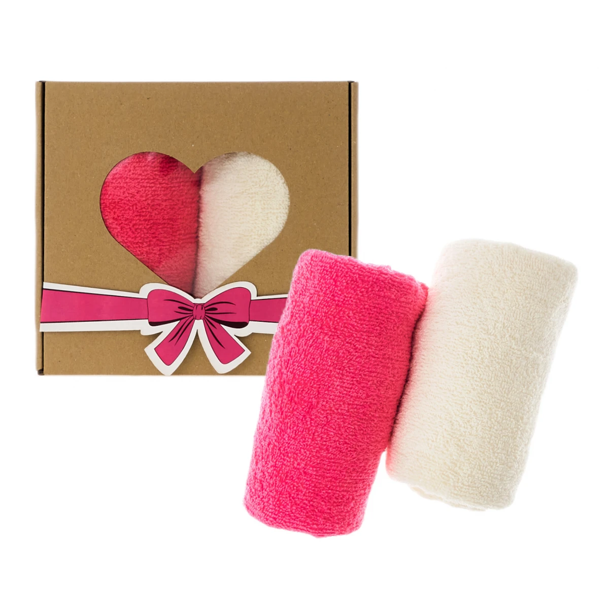 Zestaw ręcznik w pudełku 2 szt. 100x50 (okienko serce) - Kremowo-Różowy